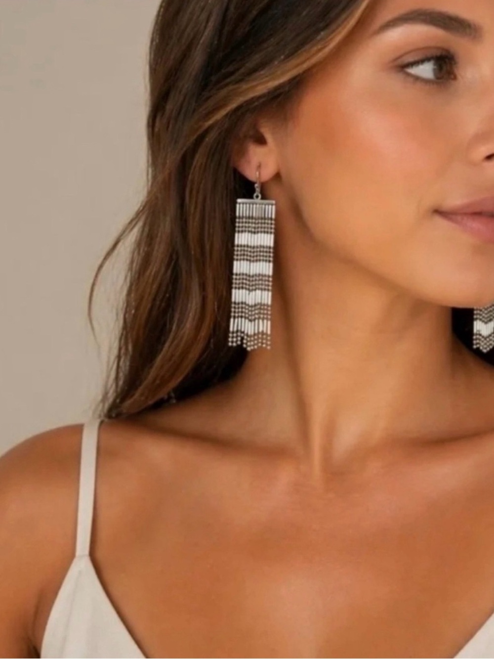 Sterling-Tone Beaded Fringe Earrings - Silver (v)